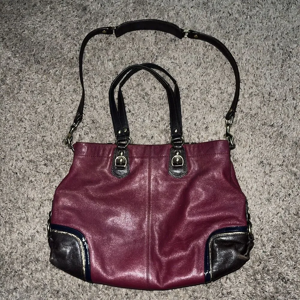 Vtg Coach Purse‎ Magenta Red Choco Brown Gold Leather Ashley Satchel Tote